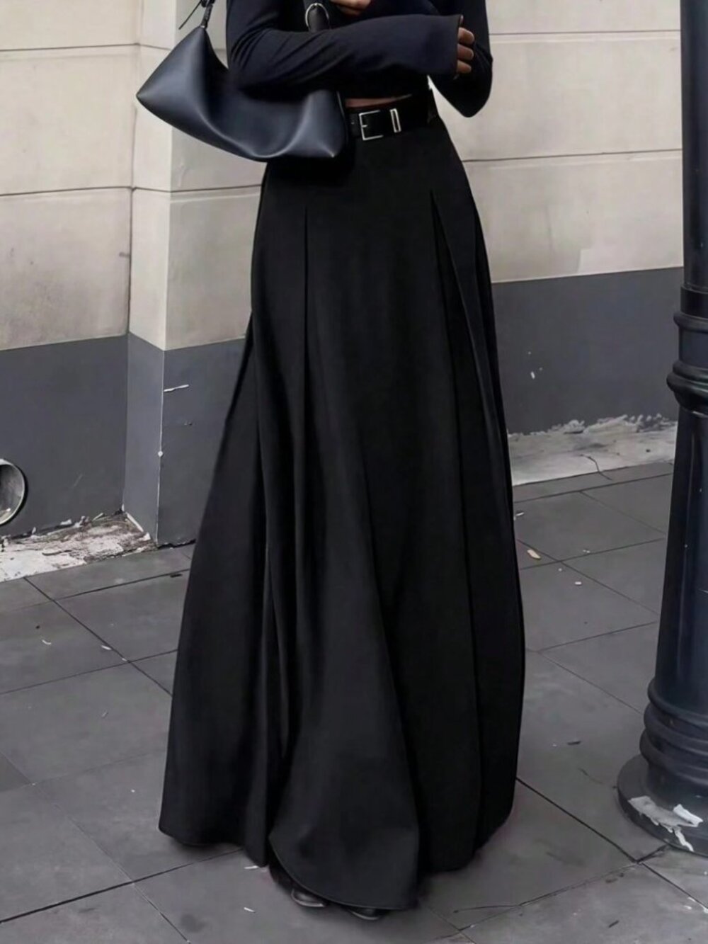 Black Woven Maxi Skirt with Pleated Full A-Line Sweep